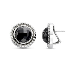 sterling silver round button earrings with faceted black onyx